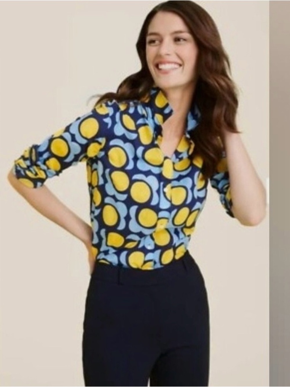 J McLaughlin Floral Dot Button Shirt Blue Yellow Women medium